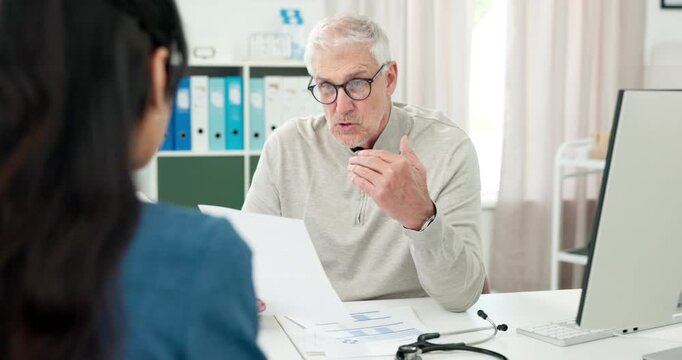Woman, doctor and talking with document in office for prescription, medical record and referral letter. Mature man, person and diagnosis form of healthcare, treatment progress and discharge paperwork