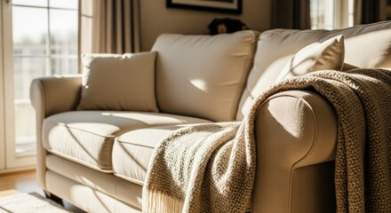 Comfortable beige sofa with pillows and blanket in sunny living room