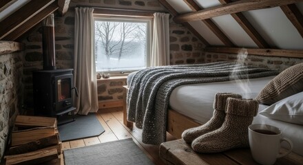 Cozy bedroom interior with bed fireplace window and warm winter decor