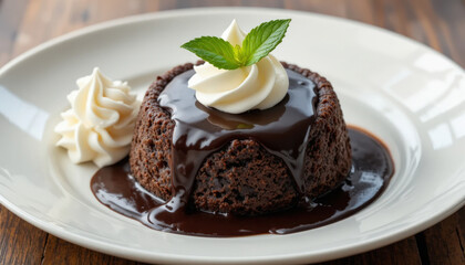 Chocolate lava cake dessert with chocolate sauce and whipped cream ganache flavor