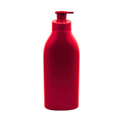 Red liquid soap dispenser with pump, isolated on a transparent background