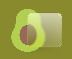 Avocado with square blank glass panel. Healthy product glass morphism icon