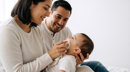 Fototapeta premium Mother wiping baby face with soft cloth. Happy parents caring for infant at home. Family hygiene and morning routine concept