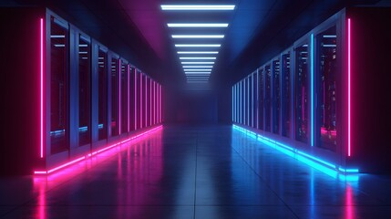 Fototapeta premium Futuristic corridor with neon lights, a vibrant and modern architectural design.