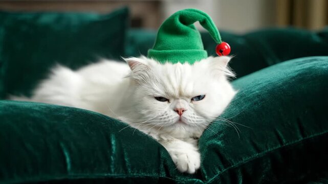 White cat in green elf hat relaxing on a sofa