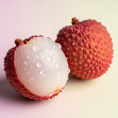 Fresh lychees with water droplets on a soft gradient background