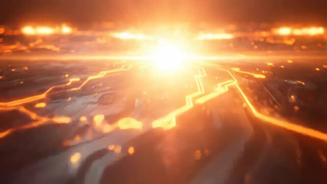 Abstract glowing orange circuit board with data flow and digital connections, representing technology and innovation.