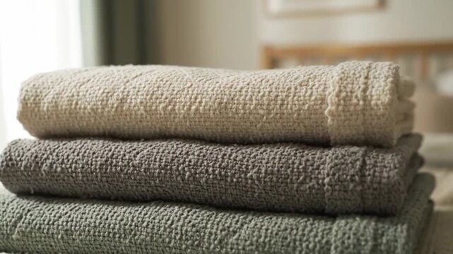 Stack of three textured blankets in neutral tones on a bed