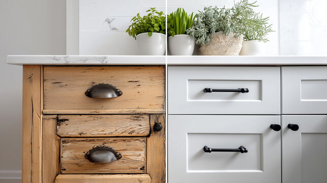 Kitchen cabinet resurfacing, presenting before and after in single image - image is visually split in half - only one cabinet set in the image and cabinets are split in half to pre