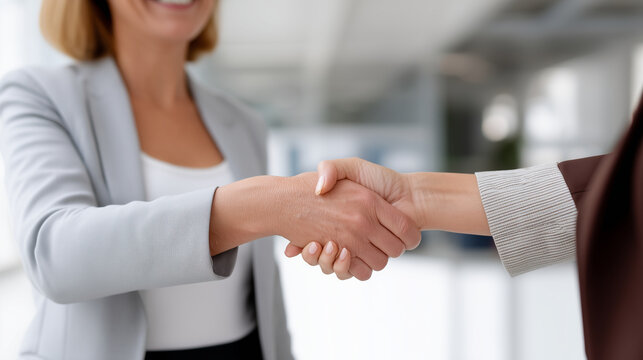 Faceless happy businesswomen shaking hands while greeting in office, heavily defocused workplace background, anonymous professionals with introduction, corporate networking moment,