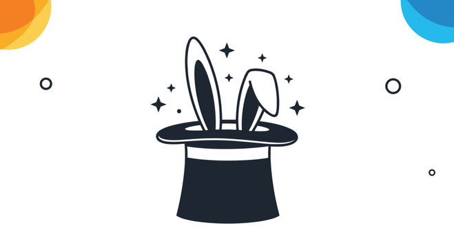 A simple icon of rabbit ears appearing from a magician's black top hat with sparkles, representing a classic magic trick.