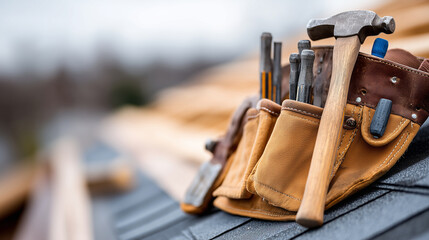 Close-up of roofers tool belt resting on newly installed shingles, hammer and nails in sharp focus, background softly blurred, symbolic still-life representing craftsmanship and t