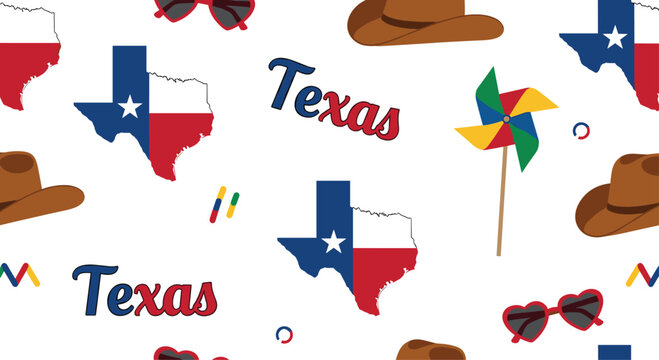 Seamless pattern celebrating Texas with the state map flag cowboy hats sunglasses and pinwheels on a clean white background.