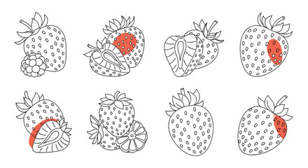 A set of hand-drawn strawberries and other berries in a minimalist line art style with abstract red color spot accents.