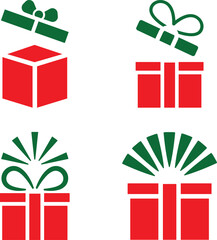 christmas gift box icons set, red and green Present symbols, flat holiday vector collection, surprise presents with popping lids and ribbon bows for sales and promotions