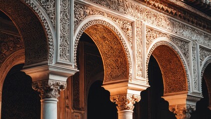 Intricate, ornate arches with detailed carvings, lit by warm light, creating depth and shadows