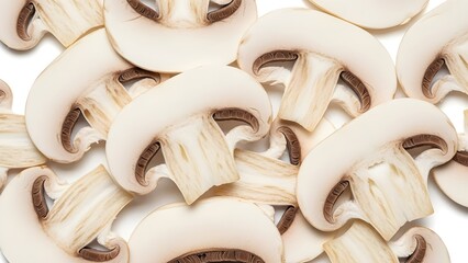 Fototapeta premium An overhead arrangement of sliced white button mushrooms, revealing their brown gills and stems, presented on a clean white background for versatile food applications.