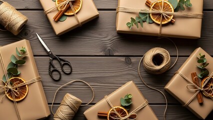 Vintage Christmas decoration with a blank paper card and healthy orange on an old wooden kitchen table for a holiday recipe book frame