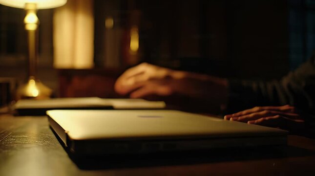Hands typing on laptop keyboard in low light environment with blurred background