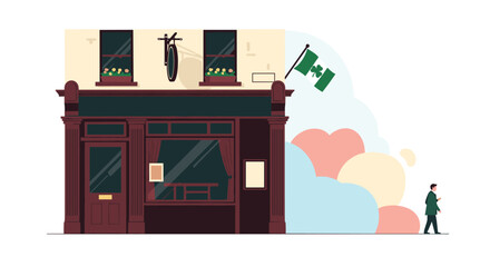 Obraz premium A person walks away from a traditional pub building into an abstract cloud of color symbolizing change escape or new beginnings.