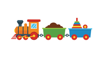Naklejka premium A colorful cartoon toy train with an engine and two wagons carrying cargo and a pyramid toy for children's playtime.