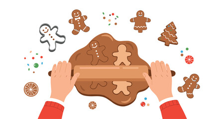 Naklejka premium Top-down view of hands using a rolling pin to make gingerbread man cookies on a white background for Christmas baking.