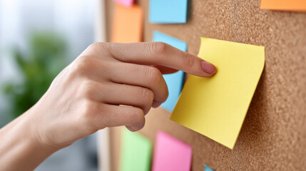 Organizational planning concept with hand placing sticky note on cork board