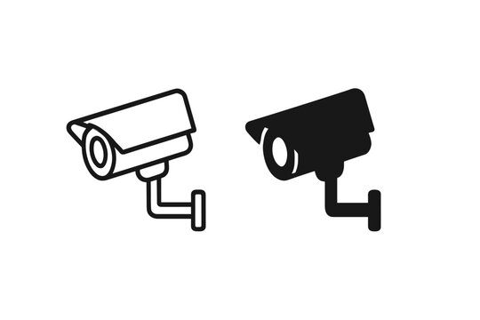 Two security camera icons, one outline and one solid silhouette, on white background