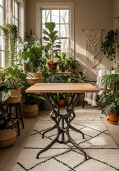 Sunlit Indoor Plant Haven with Modern Table and Bohemian Decor