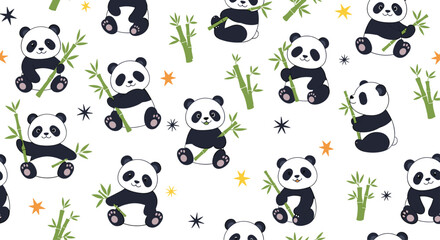 Obraz premium An adorable seamless pattern featuring cute cartoon panda bears holding bamboo stalks among colorful stars on a white background.