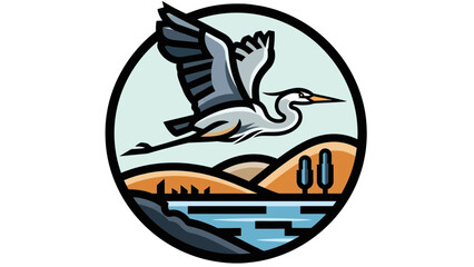 Flying Heron over a Scenic Landscape with Hills and Water in a Circular Retro Illustration