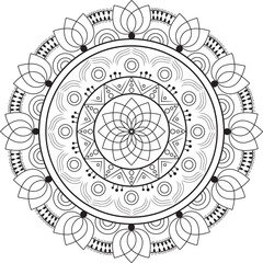 A beautiful mandala design made with elements such as flowers, leaves, and towers in black and white