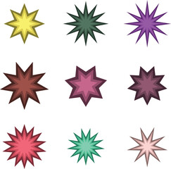 Collection of nine vibrant, multi-pointed starbursts in a variety of bright, distinct colors against a white background