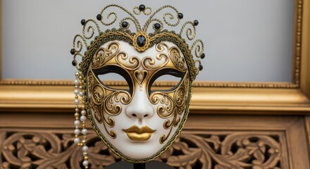 Elegant White and Gold Venetian Masquerade Mask with Pearls