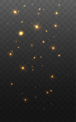Golden sparkling stars and glowing particles scattered in dark space, magical glitter light effect on transparent background.
