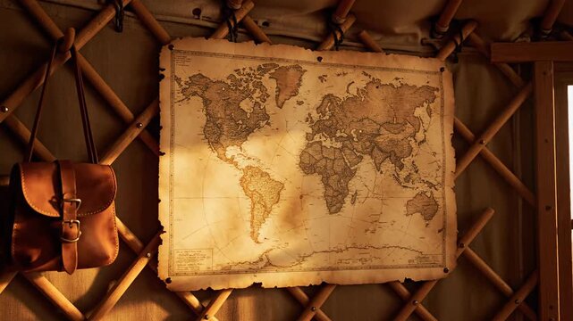 Vintage world map hangs inside