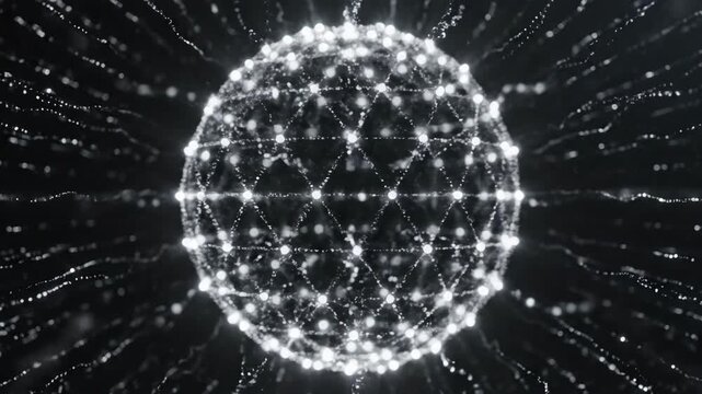 Digital plexus sphere with glowing dots and lines. Abstract particle animation for futuristic technology and data visualization.