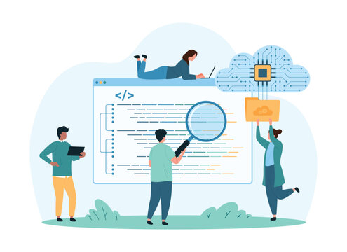 Coding with digital cloud platform, computing. Tiny people study software code with magnifying glass online, developers using web storage system for files and folders cartoon vector illustration