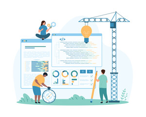 Code development solution, engineering and coding process. Tiny people and construction crane with light bulb build program, develop software code and mobile applications cartoon vector illustration