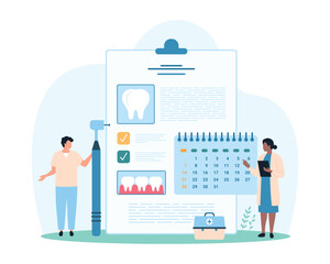 Dental checkup planning for professional oral hygiene and treatment in hospital. Tiny people check date of dentists consultation and teeth examination in calendar cartoon vector illustration
