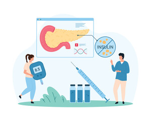 Pancreatic disease awareness, diabetes and endocrine gland health. Tiny people holding glucometer, work on infographic poster with pancreas of patient and diabetes reasons cartoon vector illustration