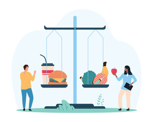 Healthy vs unhealthy food choice, balance of calories in menu. Tiny people choose between fast food snacks and fish with vegetables, weigh bad and good nutrition on scales cartoon vector illustration