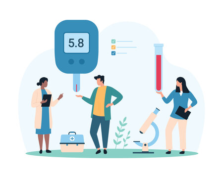 Blood sugar control for diabetes. Tiny people test blood of patient with glucometer for diagnosis and treatment, doctors check indicator on devices digital screen cartoon vector illustration