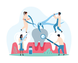 Procedure of rotten tooth extraction in dental clinic, caries and toothache treatment by dentists. Tiny people pull and remove sick tooth with surgeon forceps in hospital cartoon vector illustration