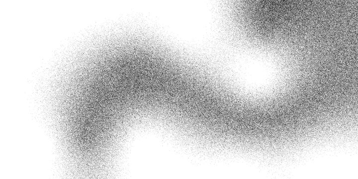 Black stipple flowing line background. Black and white textured spray and sand dust spots. Grainy fluid spots and stains Black dotted flowing dust set. Gradient from dots isolated on white background.