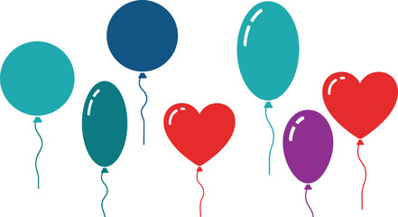 Flat style illustration collection of 6 party balloons different shapes round oval and heart
