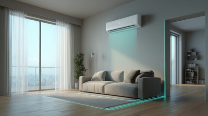 Modern living room interior with air conditioner and smart home features,Energy Saving Week
