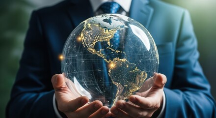 Businessman holding a glowing globe symbolising global business opportunities