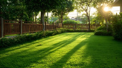 Obraz premium Lush Green Lawn and Wooden Fence in a Sunny Garden Scene.