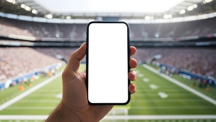 Blank Phone Screen Mockup Held at Live Sports Stadium Event